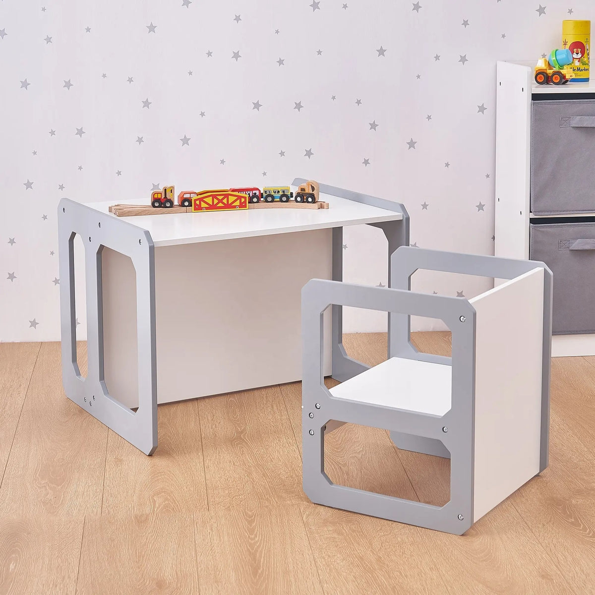 Benbo Kids 3 az 1-ben átalakítható gyermekbútor – asztal, szék, pad és kisasztal fehér-szürke kivitelben