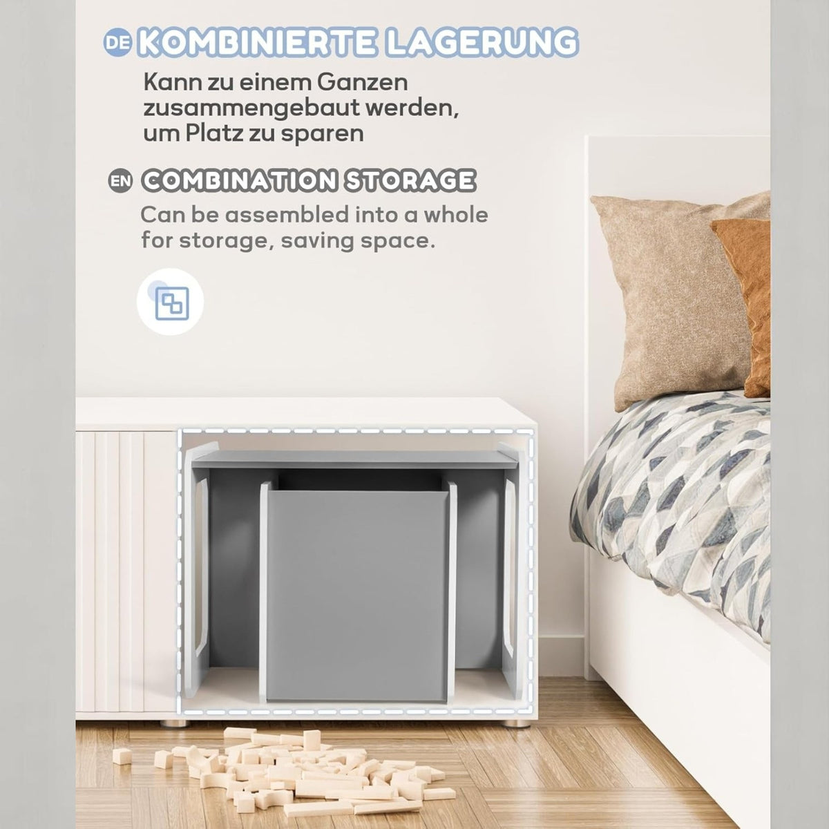 Benbo Kids 3 az 1-ben átalakítható gyermekbútor – asztal, szék, pad és kisasztal fehér-szürke kivitelben