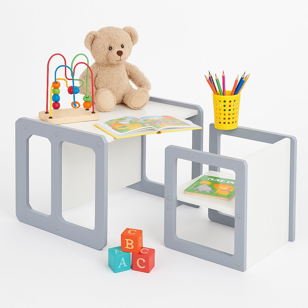 Benbo Kids 3 az 1-ben átalakítható gyermekbútor – asztal, szék, pad és kisasztal fehér-szürke kivitelben