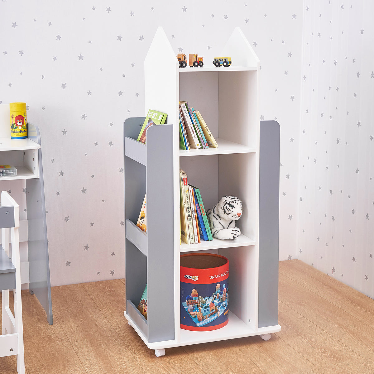 Benbo Kids ROCKET 360°-ban forgatható gyermek könyvespolc 4 szinttel – fehér-szürke