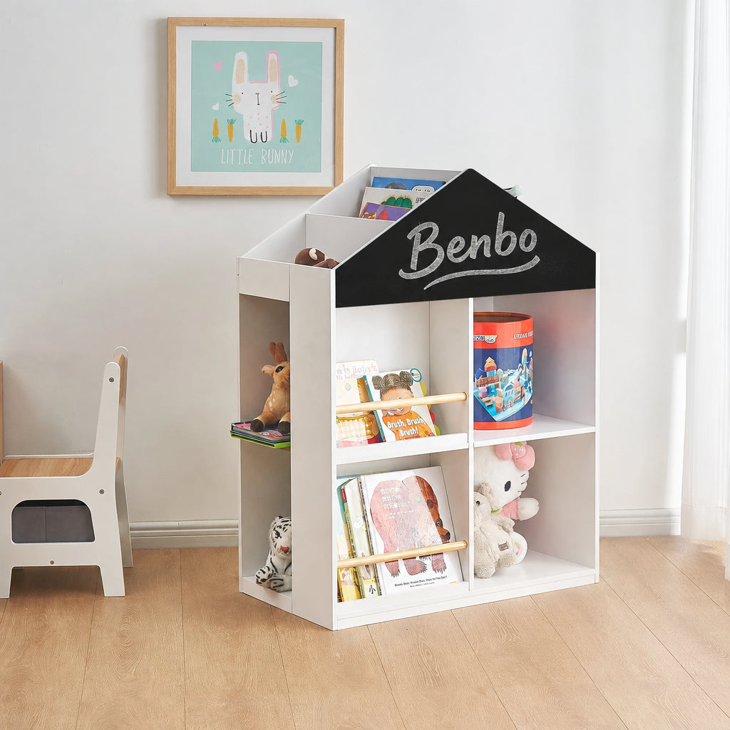 Benbo Kids házikó formájú gyermek könyv- és játéktároló 6 rekesszel, rejtett oldaltárolóval és krétatáblával – fehér