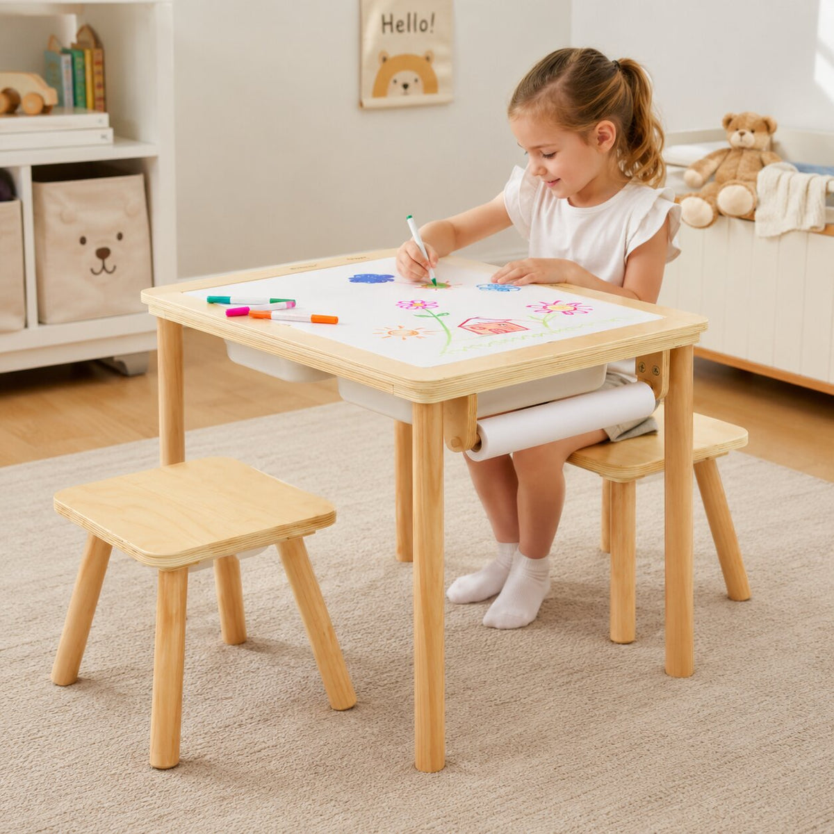 Benbo Kids 5 az 1-ben fa aktivitásasztal 2 székkel, rajztáblával, papírtekerccsel és tárolódobozokkal