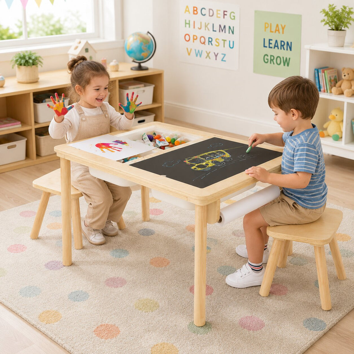 Benbo Kids 5 az 1-ben fa aktivitásasztal 2 székkel, rajztáblával, papírtekerccsel és tárolódobozokkal