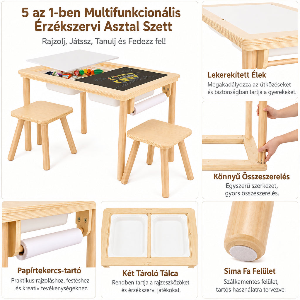 Benbo Kids 5 az 1-ben fa aktivitásasztal 2 székkel, rajztáblával, papírtekerccsel és tárolódobozokkal