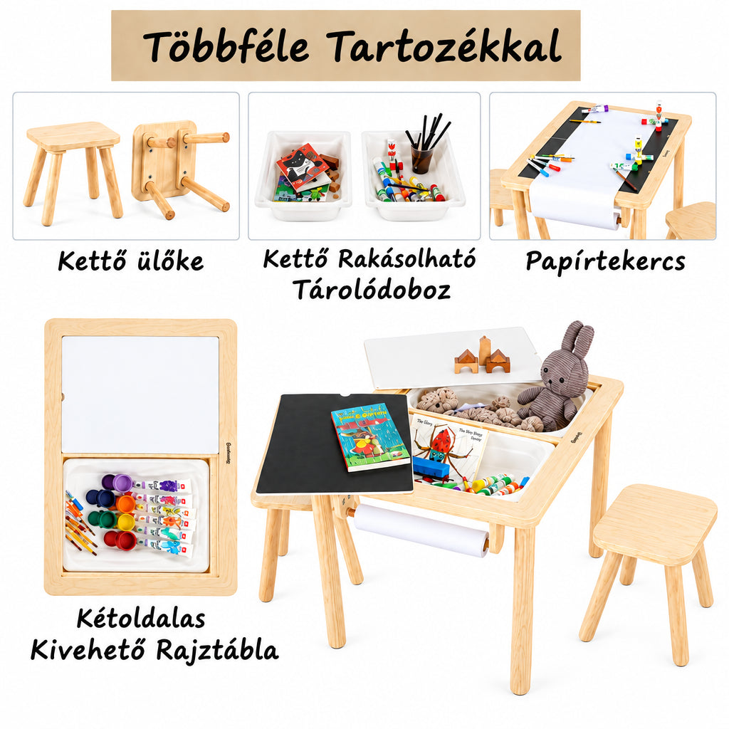 Benbo Kids 5 az 1-ben fa aktivitásasztal 2 székkel, rajztáblával, papírtekerccsel és tárolódobozokkal