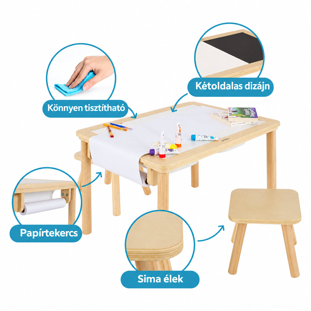 Benbo Kids 5 az 1-ben fa aktivitásasztal 2 székkel, rajztáblával, papírtekerccsel és tárolódobozokkal