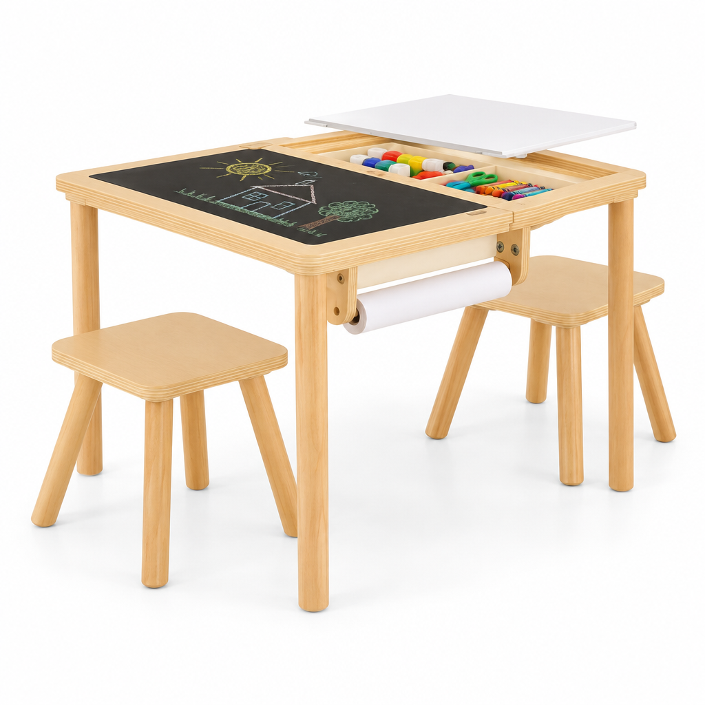 Benbo Kids 5 az 1-ben fa aktivitásasztal 2 székkel, rajztáblával, papírtekerccsel és tárolódobozokkal