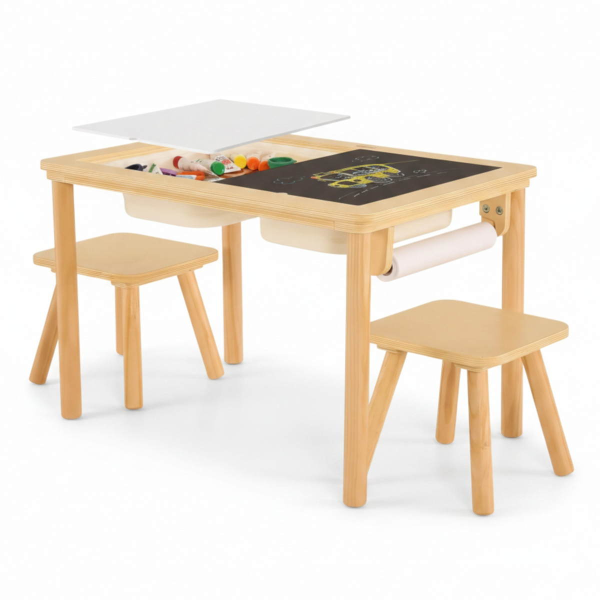 Benbo Kids 5 az 1-ben fa aktivitásasztal 2 székkel, rajztáblával, papírtekerccsel és tárolódobozokkal