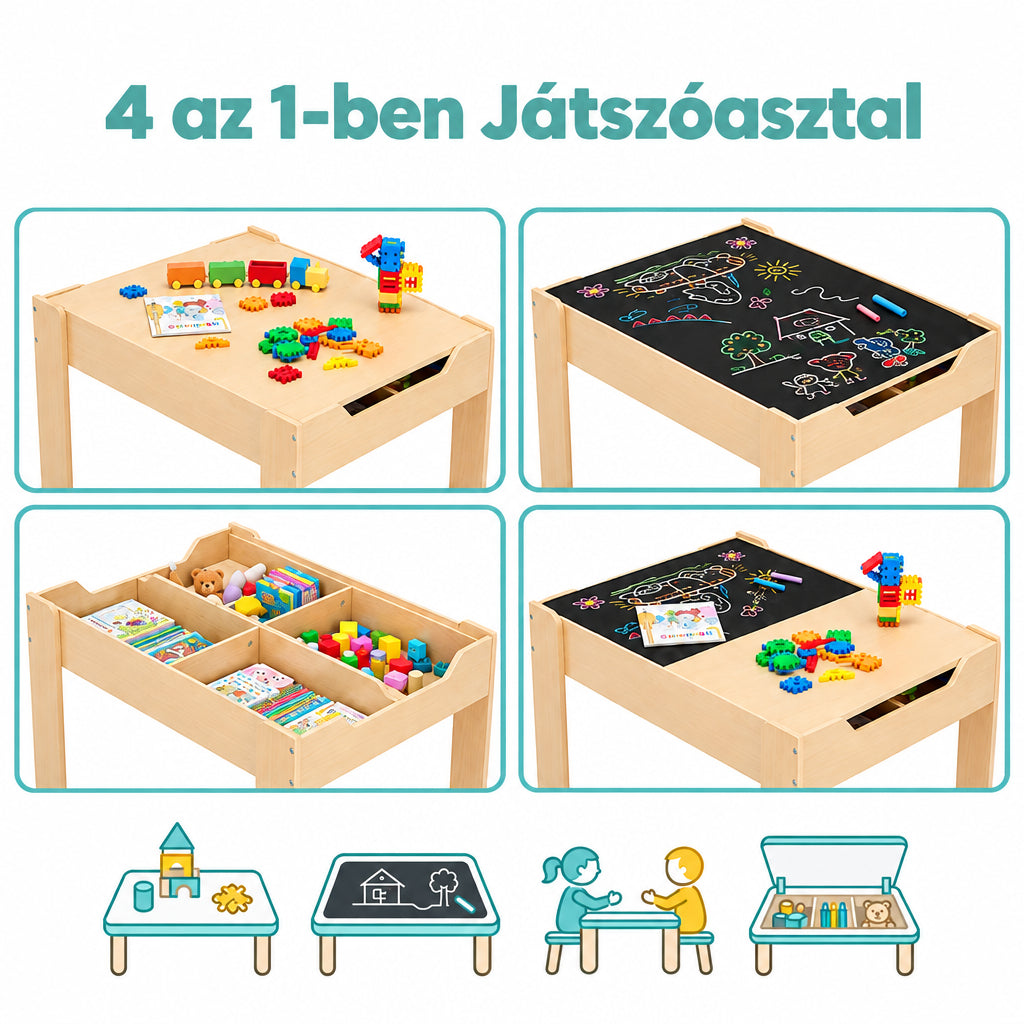 Benbo Kids fa gyermekasztal 2 székkel, rajztáblával és tárolóhellyel – fehér
