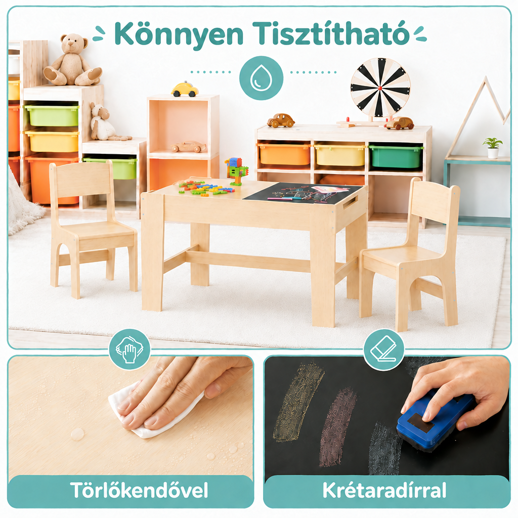 Benbo Kids fa gyermekasztal 2 székkel, rajztáblával és tárolóhellyel – fehér