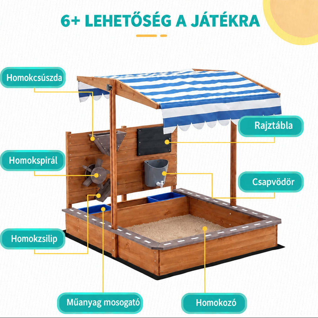 Benbo Kids fa homokozó állítható tetővel, rajztáblával és játék-kiegészítőkkel – 120 × 120 cm