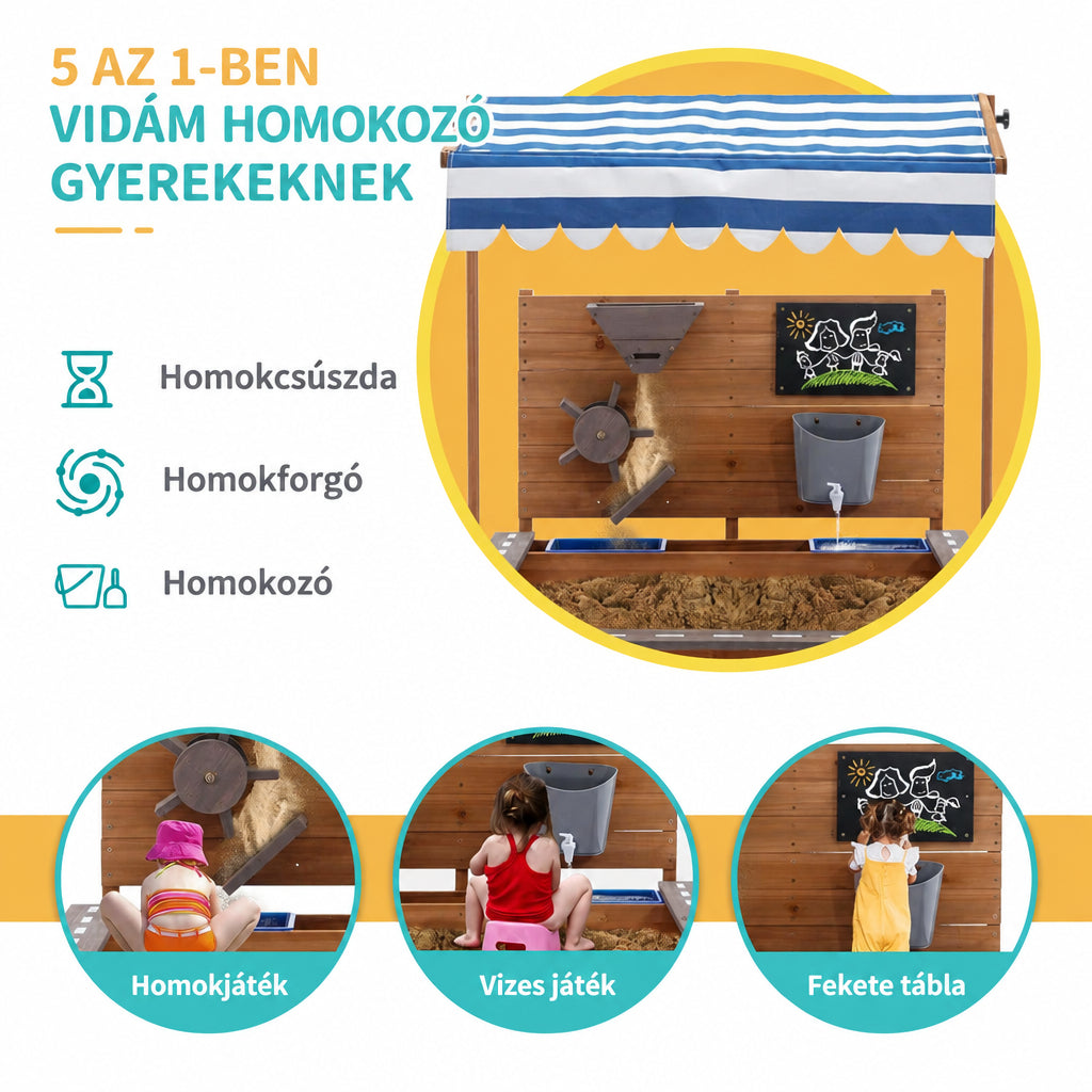 Benbo Kids fa homokozó állítható tetővel, rajztáblával és játék-kiegészítőkkel – 120 × 120 cm