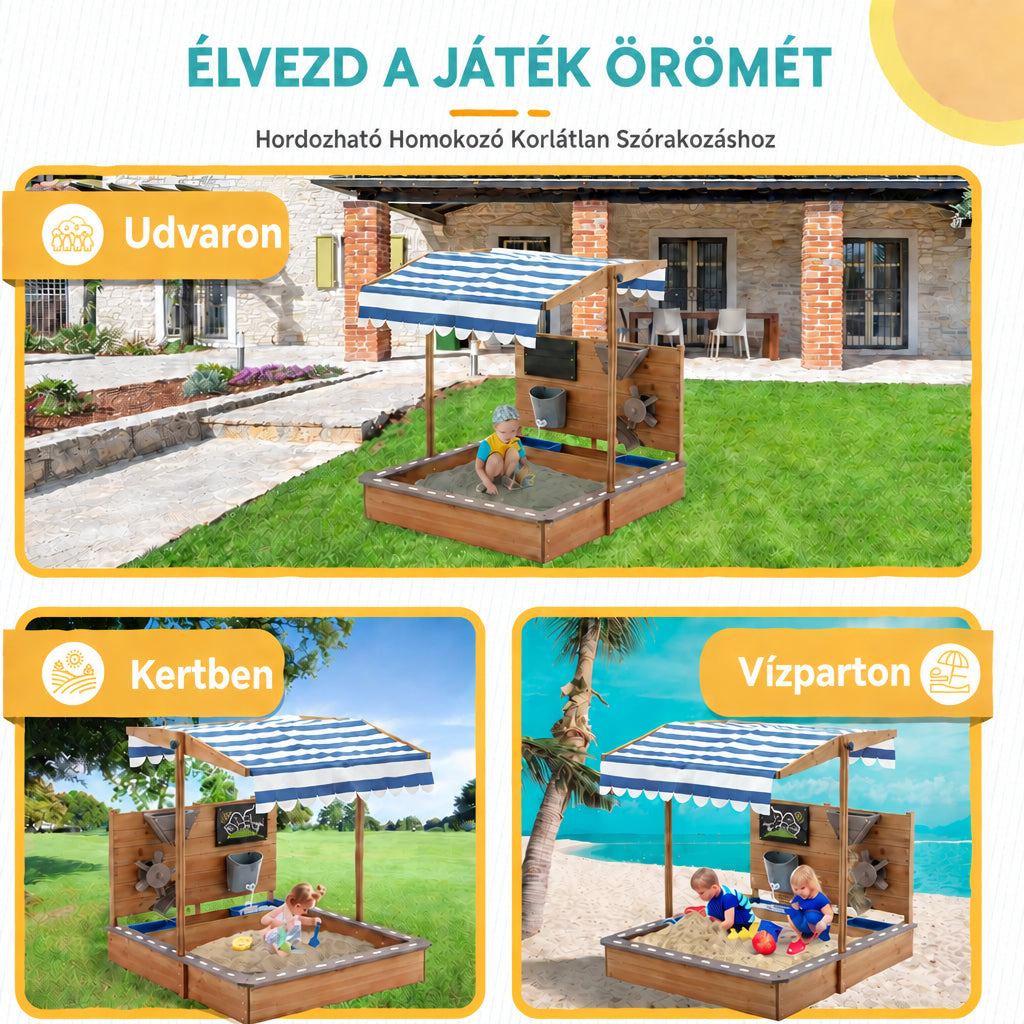 Benbo Kids fa homokozó állítható tetővel, rajztáblával és játék-kiegészítőkkel – 120 × 120 cm