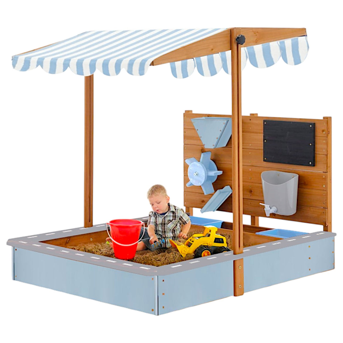 Benbo Kids fa homokozó állítható tetővel, rajztáblával és játék-kiegészítőkkel – 120 × 120 cm