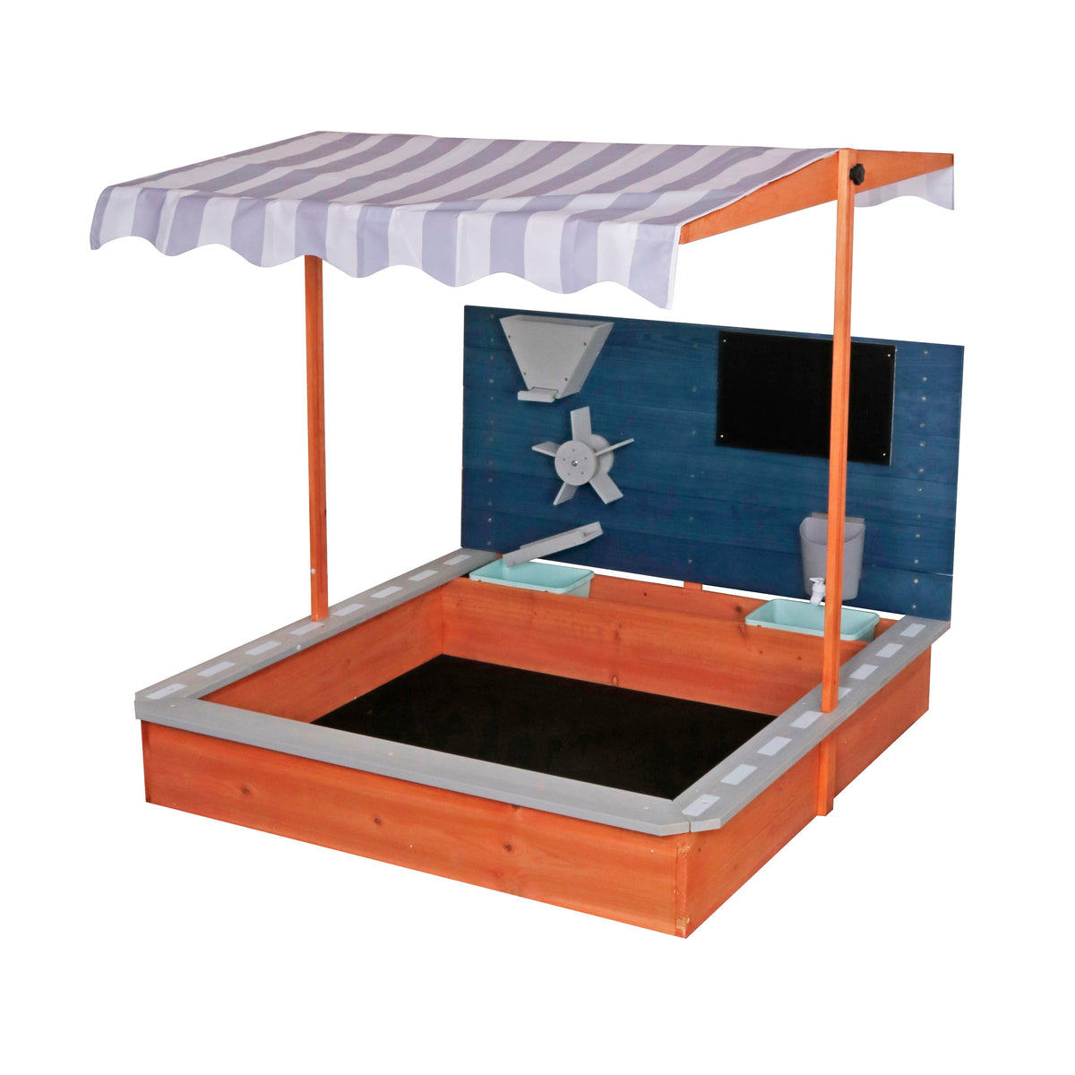 Benbo Kids fa homokozó állítható tetővel, rajztáblával és játék-kiegészítőkkel – 120 × 120 cm