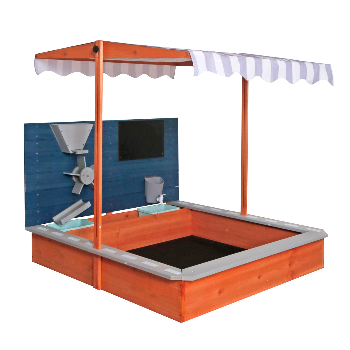 Benbo Kids fa homokozó állítható tetővel, rajztáblával és játék-kiegészítőkkel – 120 × 120 cm