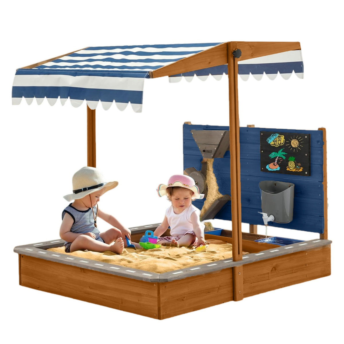 Benbo Kids fa homokozó állítható tetővel, rajztáblával és játék-kiegészítőkkel – 120 × 120 cm