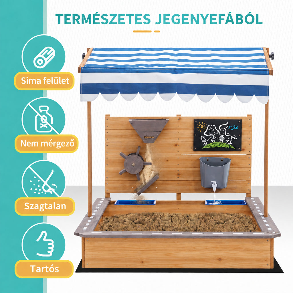 Benbo Kids fa homokozó állítható tetővel, rajztáblával és játék-kiegészítőkkel – 120 × 120 cm