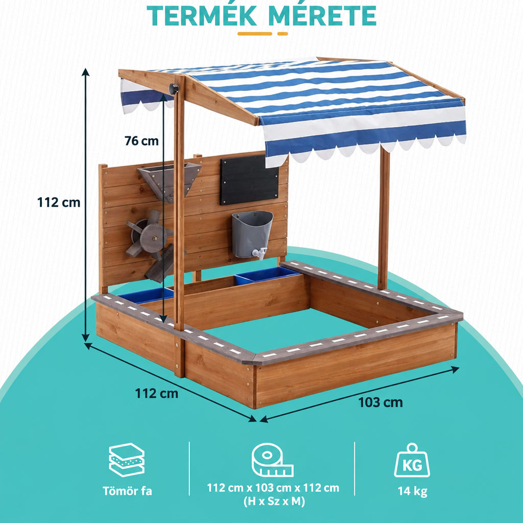 Benbo Kids fa homokozó állítható tetővel, rajztáblával és játék-kiegészítőkkel – 120 × 120 cm