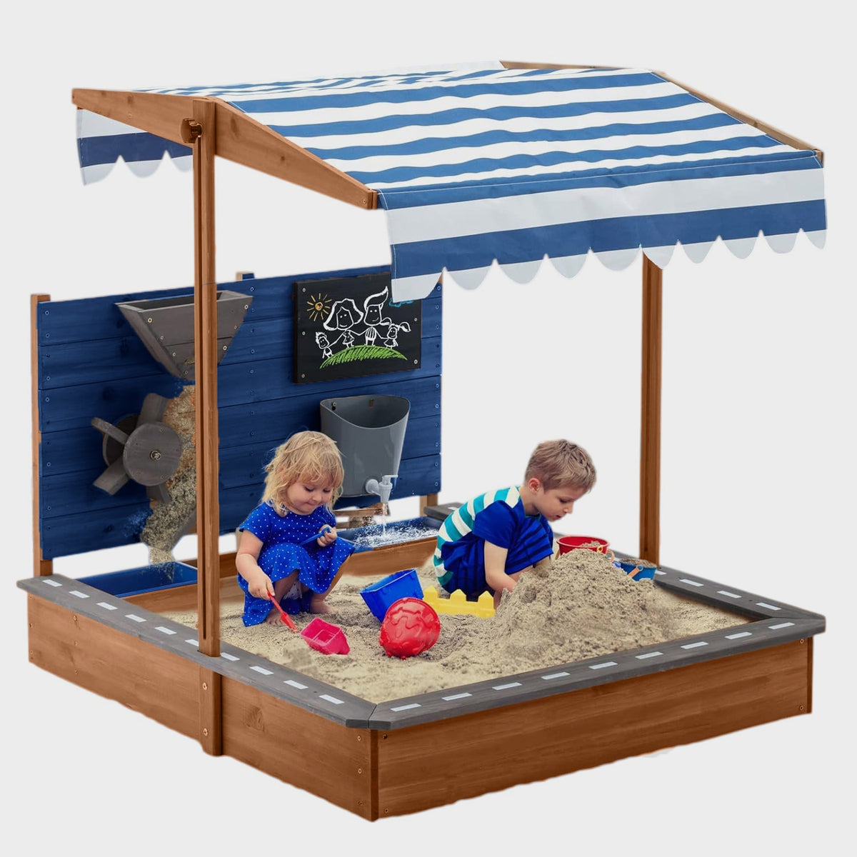 Benbo Kids fa homokozó állítható tetővel, rajztáblával és játék-kiegészítőkkel – 120 × 120 cm