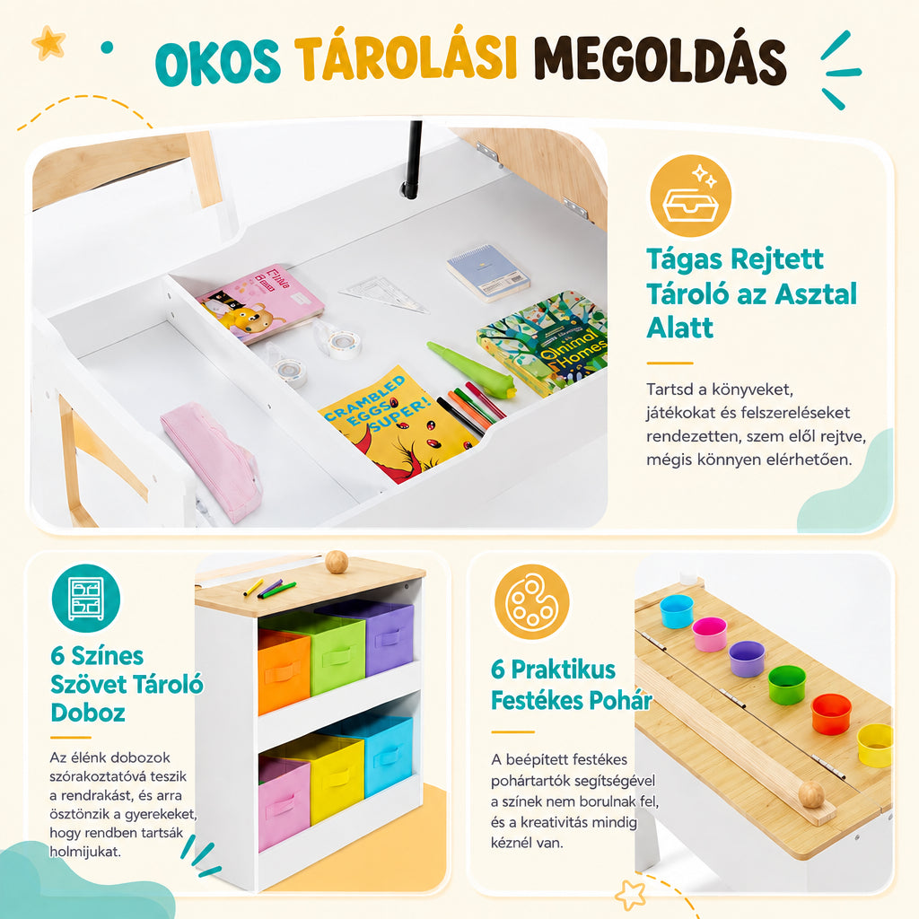 Benbo Kids 3 az 1-ben fa gyermekasztal 2 székkel, rajztáblával, papírtekerccsel és tárolóval