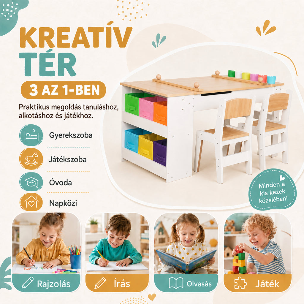 Benbo Kids 3 az 1-ben fa gyermekasztal 2 székkel, rajztáblával, papírtekerccsel és tárolóval