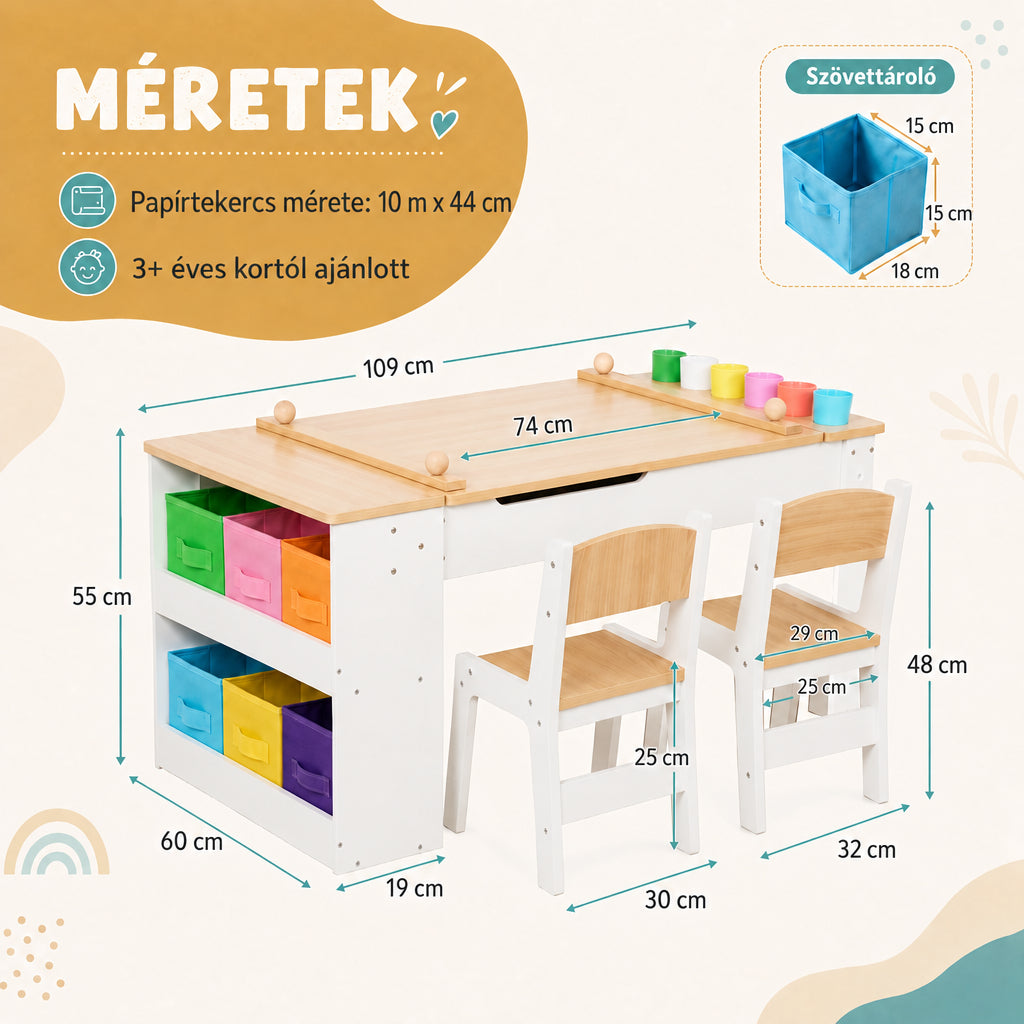 Benbo Kids 3 az 1-ben fa gyermekasztal 2 székkel, rajztáblával, papírtekerccsel és tárolóval