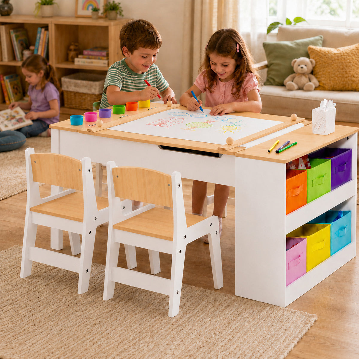 Benbo Kids 3 az 1-ben fa gyermekasztal 2 székkel, rajztáblával, papírtekerccsel és tárolóval