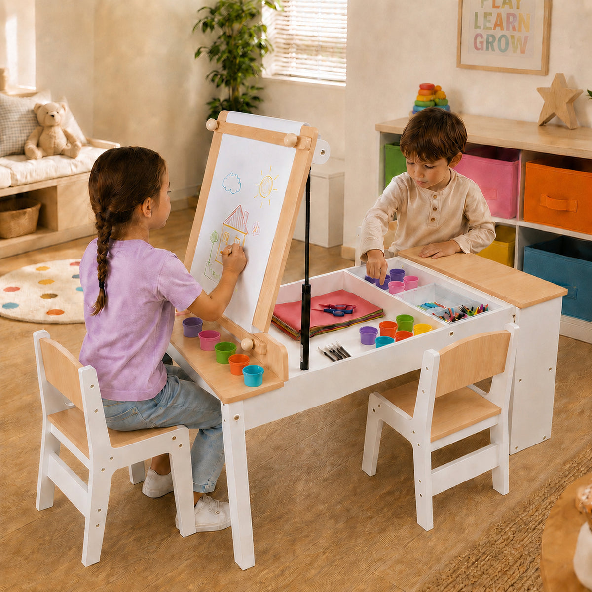Benbo Kids 3 az 1-ben fa gyermekasztal 2 székkel, rajztáblával, papírtekerccsel és tárolóval