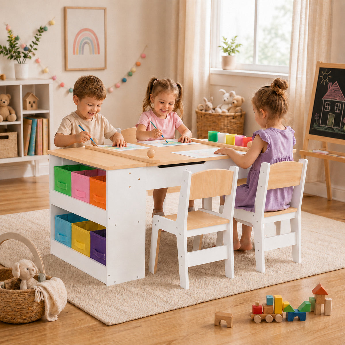 Benbo Kids 3 az 1-ben fa gyermekasztal 2 székkel, rajztáblával, papírtekerccsel és tárolóval