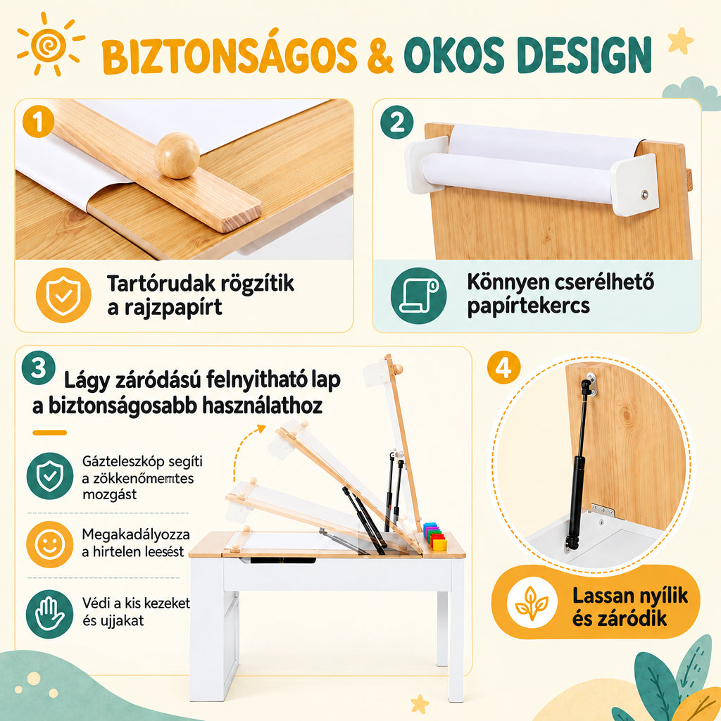 Benbo Kids 3 az 1-ben fa gyermekasztal 2 székkel, rajztáblával, papírtekerccsel és tárolóval