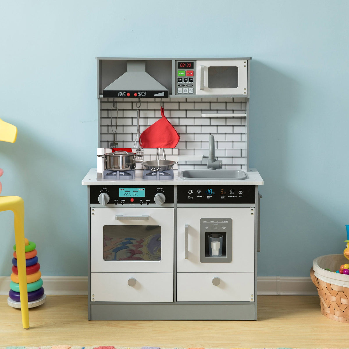 Benbo Kids nagy fa játékkonyha fénnyel, hanggal és főzőkészlettel – fehér-szürke