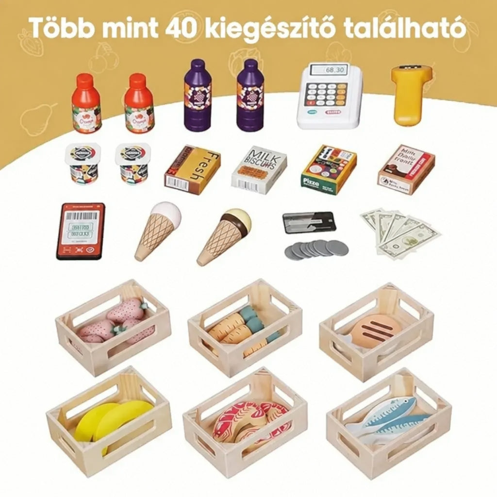 Benbo Kids 2 az 1-ben fa gyermekbolt és bábszínház kasszával, szkennerrel és kiegészítőkkel