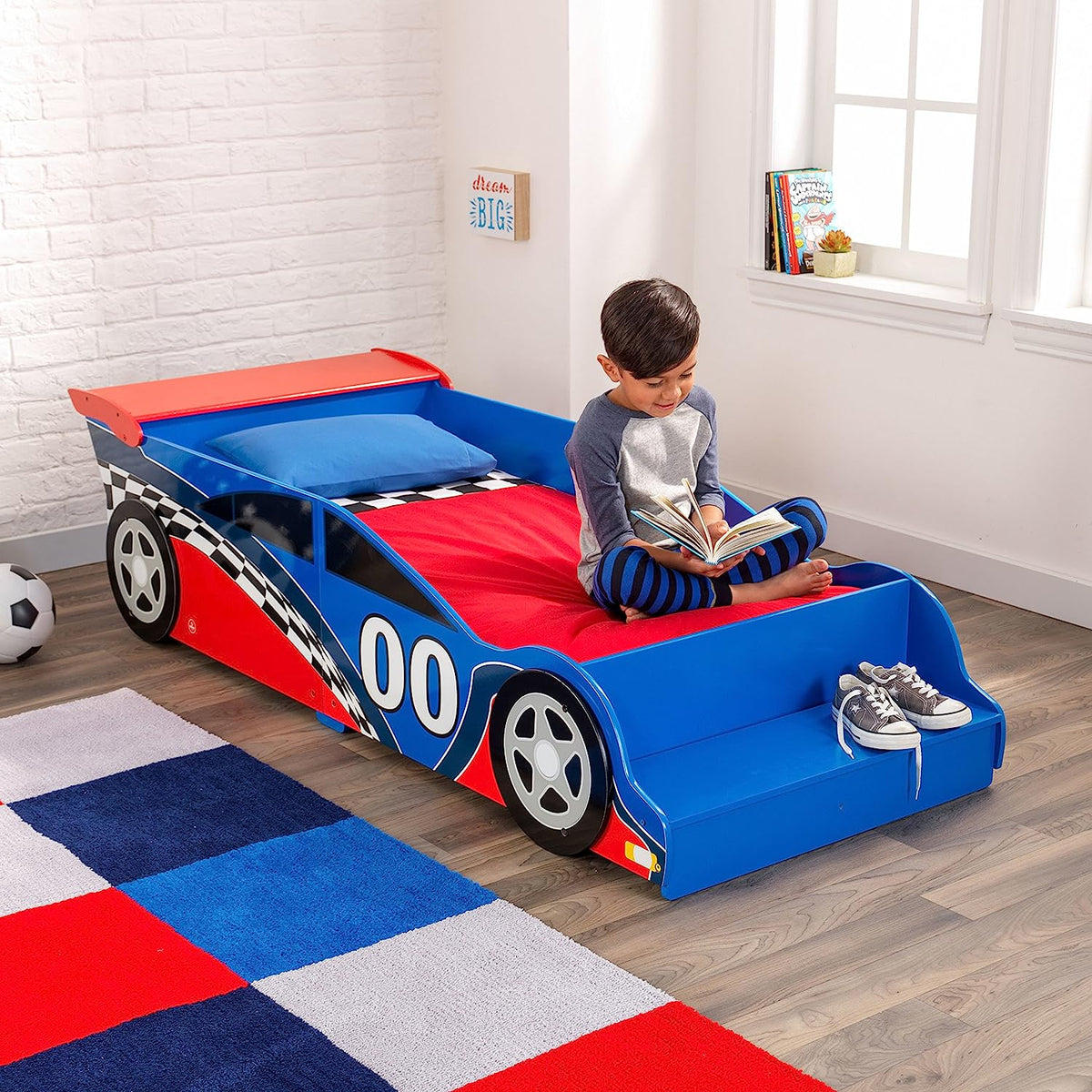 Benbo Kids RACE fa gyermekágy versenyautó formában – piros-kék, 130 × 70 cm-es matrachoz