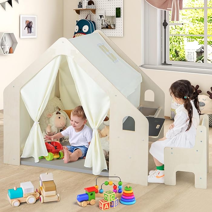 Benbo Kids 6 az 1-ben fa gyermek játszóház sátorral, asztallal, székkel, krétatáblával és tárolóval