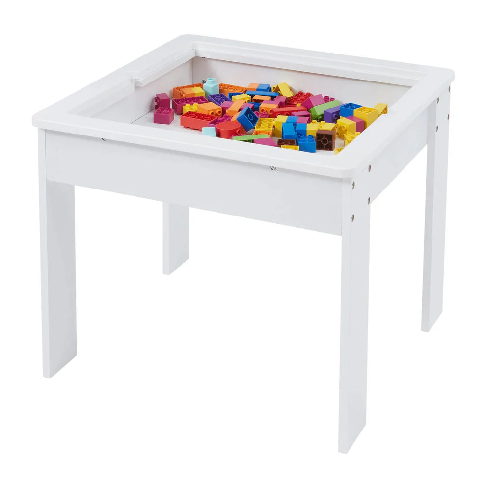 Gyerek asztal 2 székkel, kétoldalas LEGO®-kompatibilis asztallappal és tárolóval – fehér/szürke