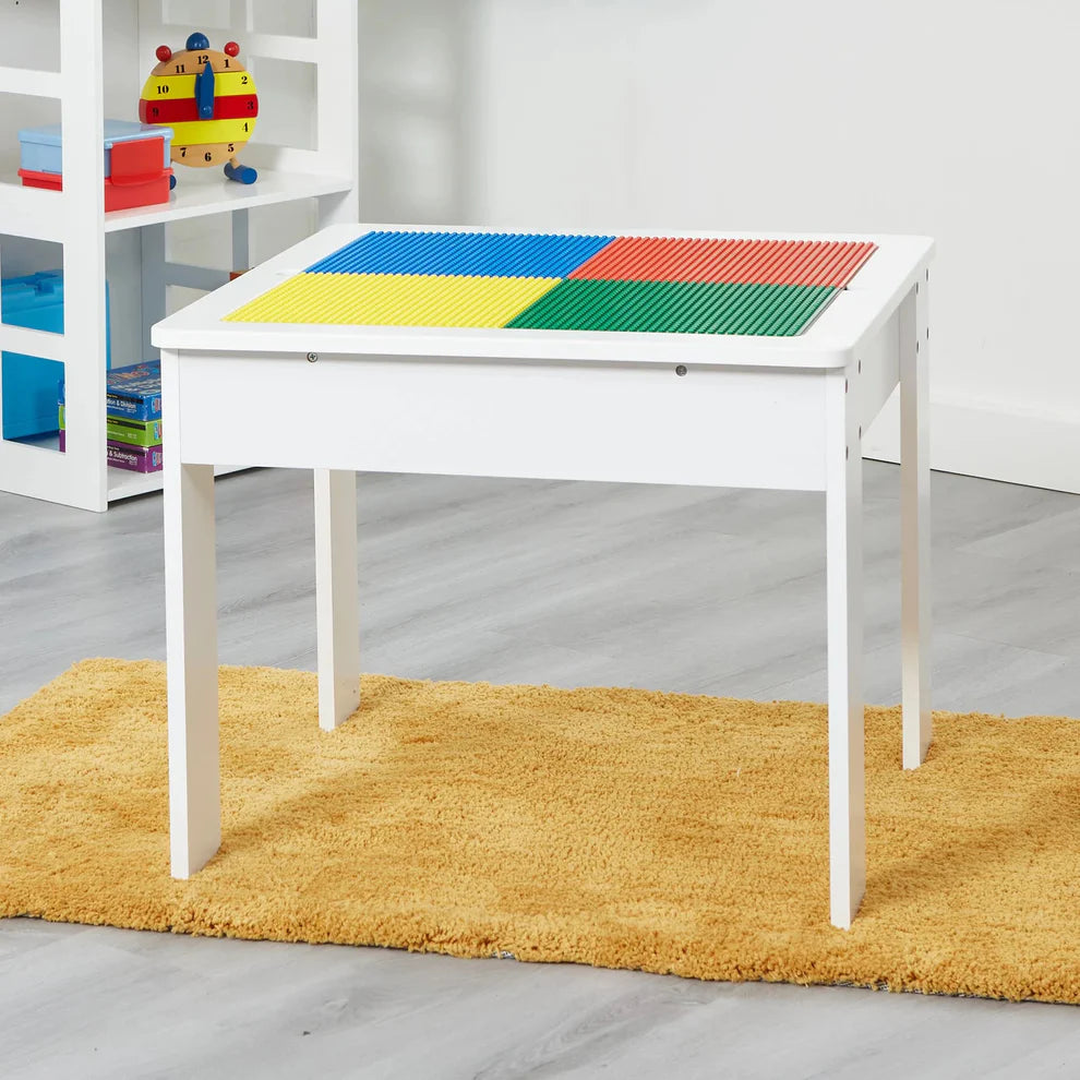 Gyerek asztal 2 székkel, kétoldalas LEGO®-kompatibilis asztallappal és tárolóval – fehér/szürke