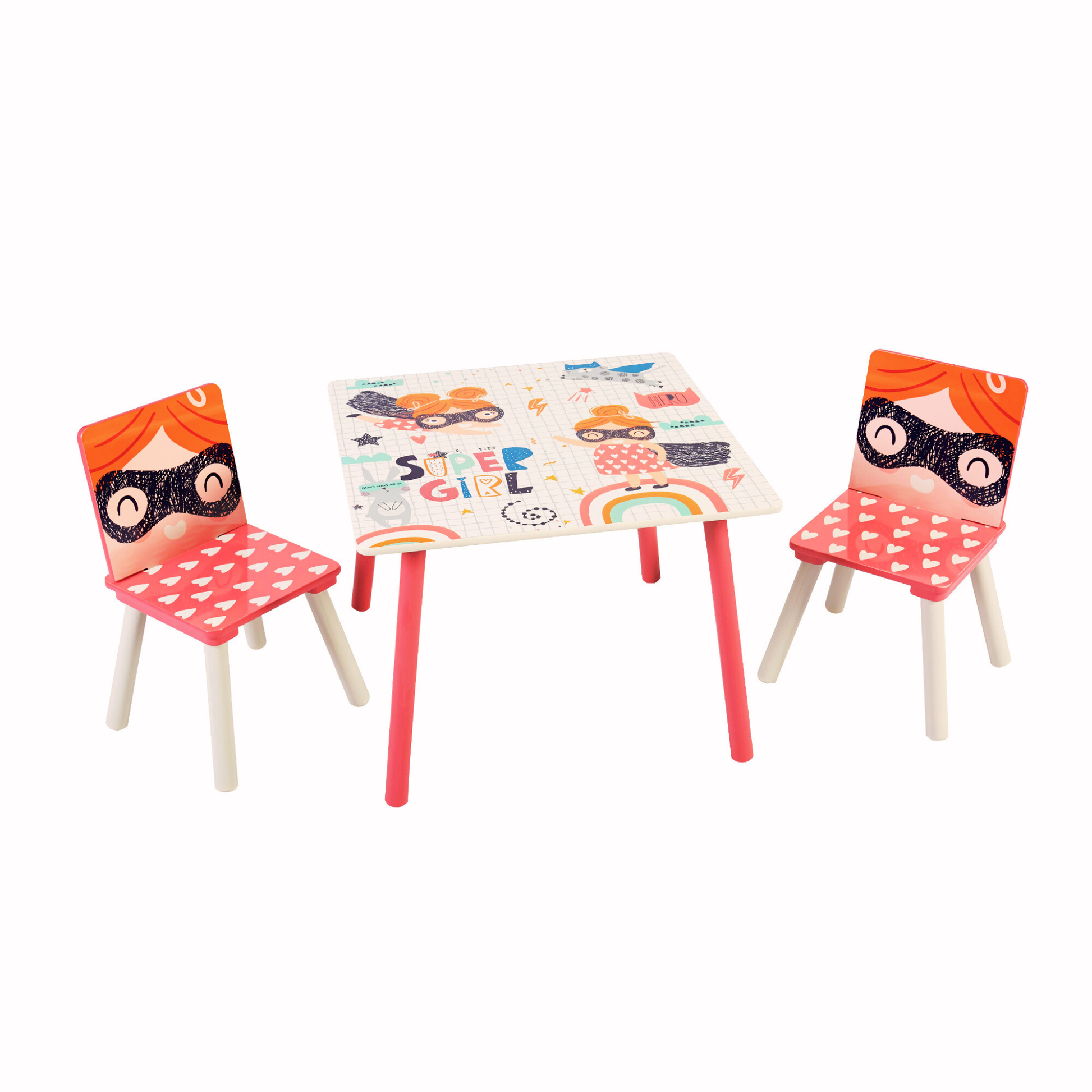 Gyerek fa asztal két székkel – fehér-rózsaszín Szuperlány dizájn