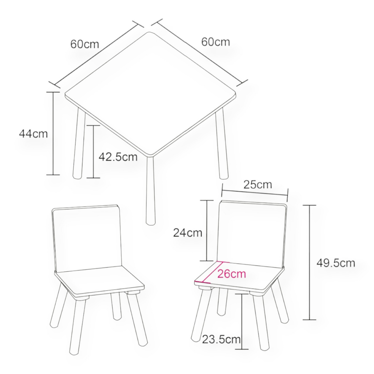 Dinoszauruszos gyerek bútorszett – asztal és két szék, méretek