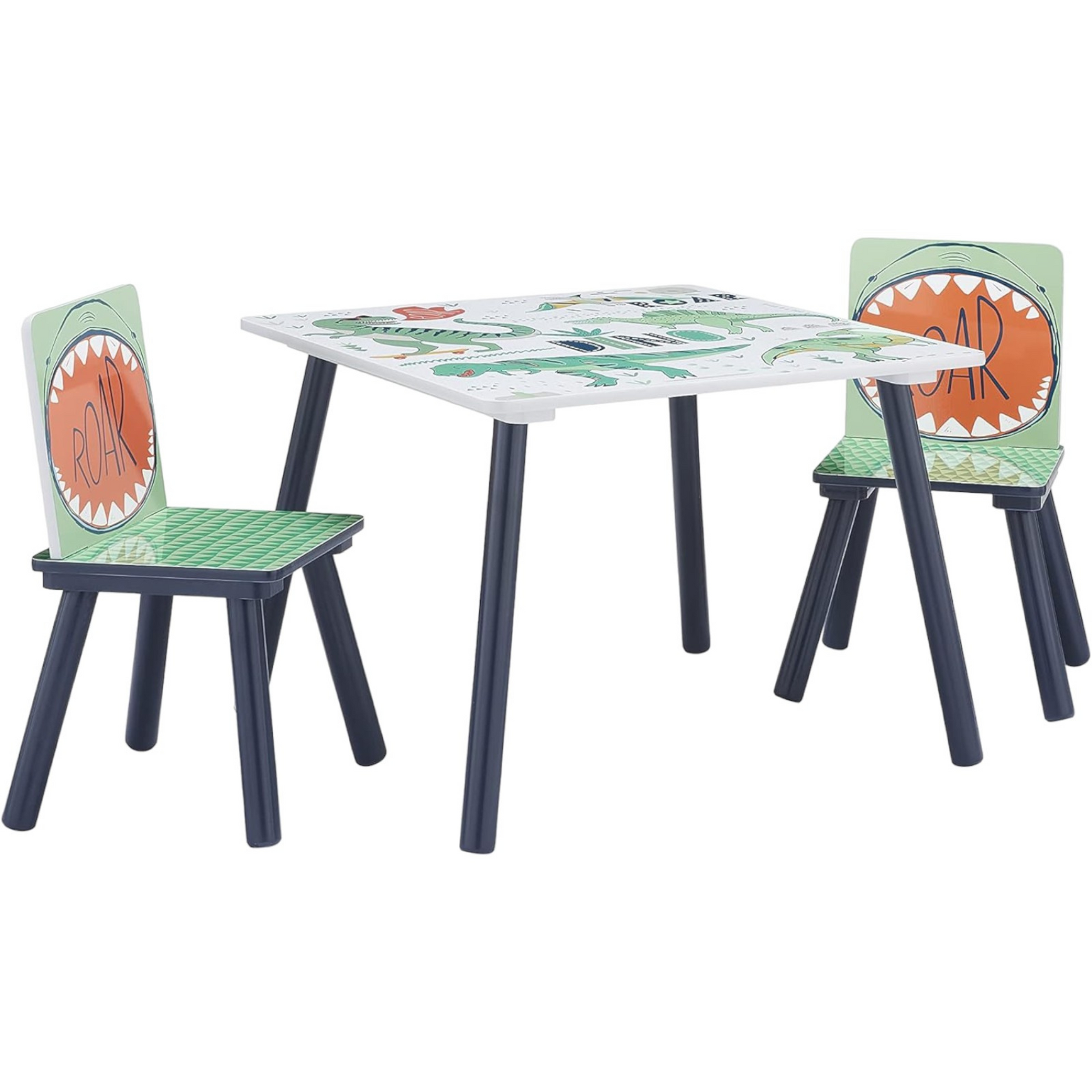 Gyerek fa asztal két székkel kék és zöld dinoszaurusz mintával