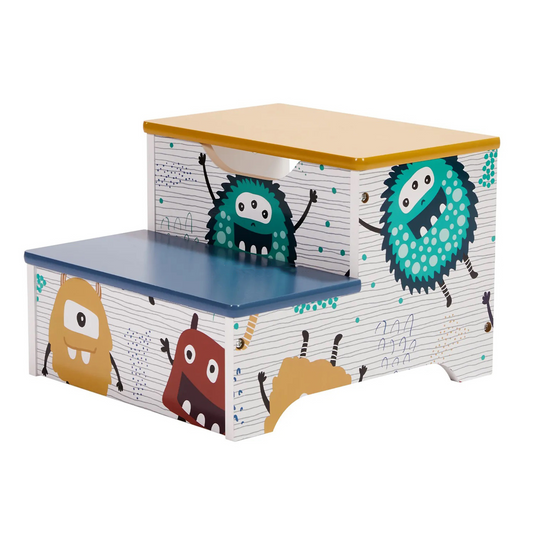 Gyerek fa fellépő szék két lépcsővel és tárolóval – Szörnyecske design