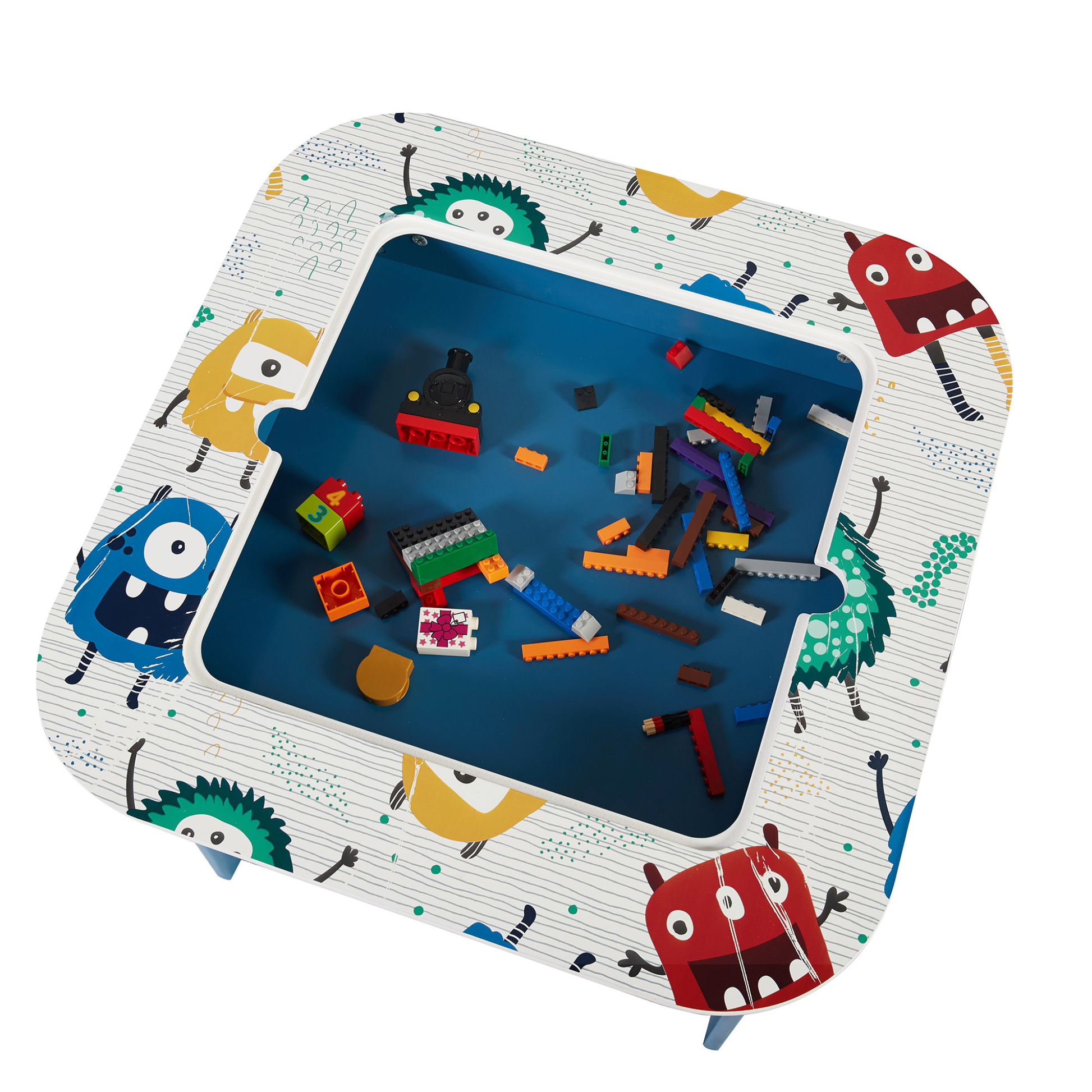 Gyerek asztal LEGO® kompatibilis felülettel, tárolóval és két székkel – Szörnyecskék dizájn