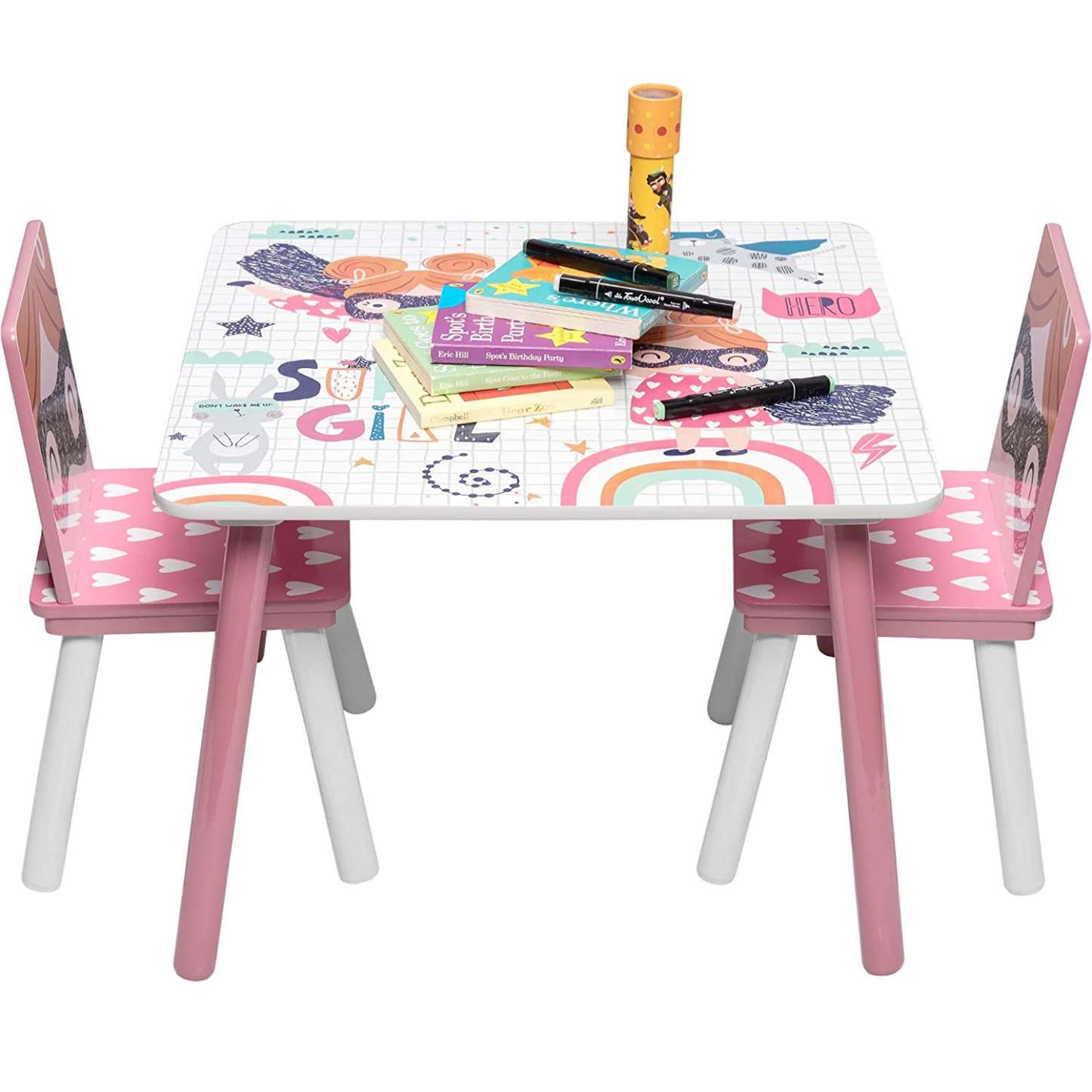 Gyerek szoba bútor – asztal és két szék rózsaszín és fehér színben, játék közben