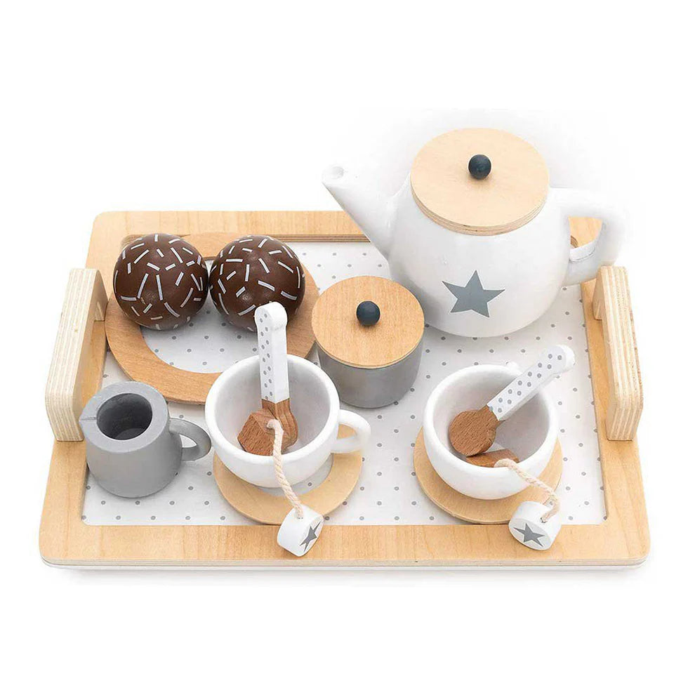 Fa tea- és kávéskészlet gyerekeknek – szerepjáték készlet tálcával és kiegészítőkkel