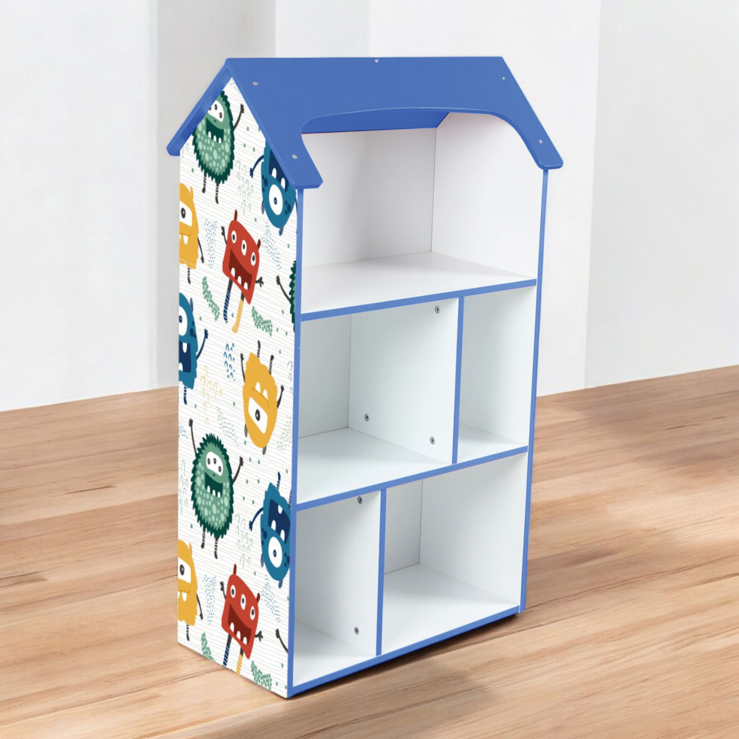 Kék gyerek könyvespolc ház formában – 5 nyitott rekesszel