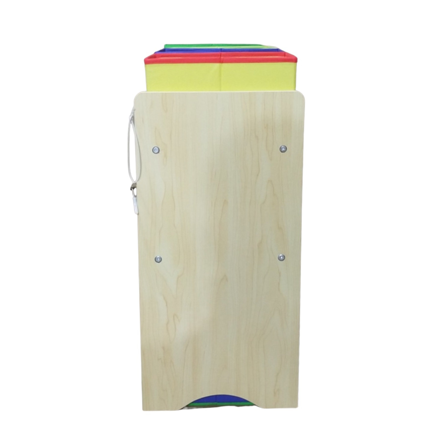 Színes textil dobozos gyerekpolc természetes fa kerettel